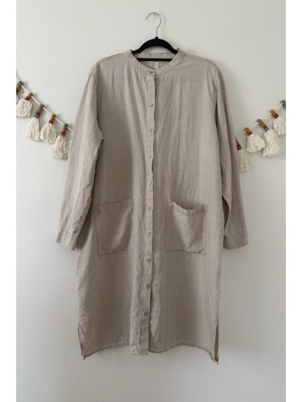 Eileen Fisher Organic Linen Mandarin Collar Shirt Dress Easy Fit Button Front XL